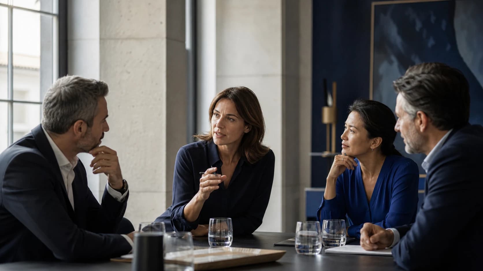 Expertin im strategischen Austausch mit einem vielfältigen Team